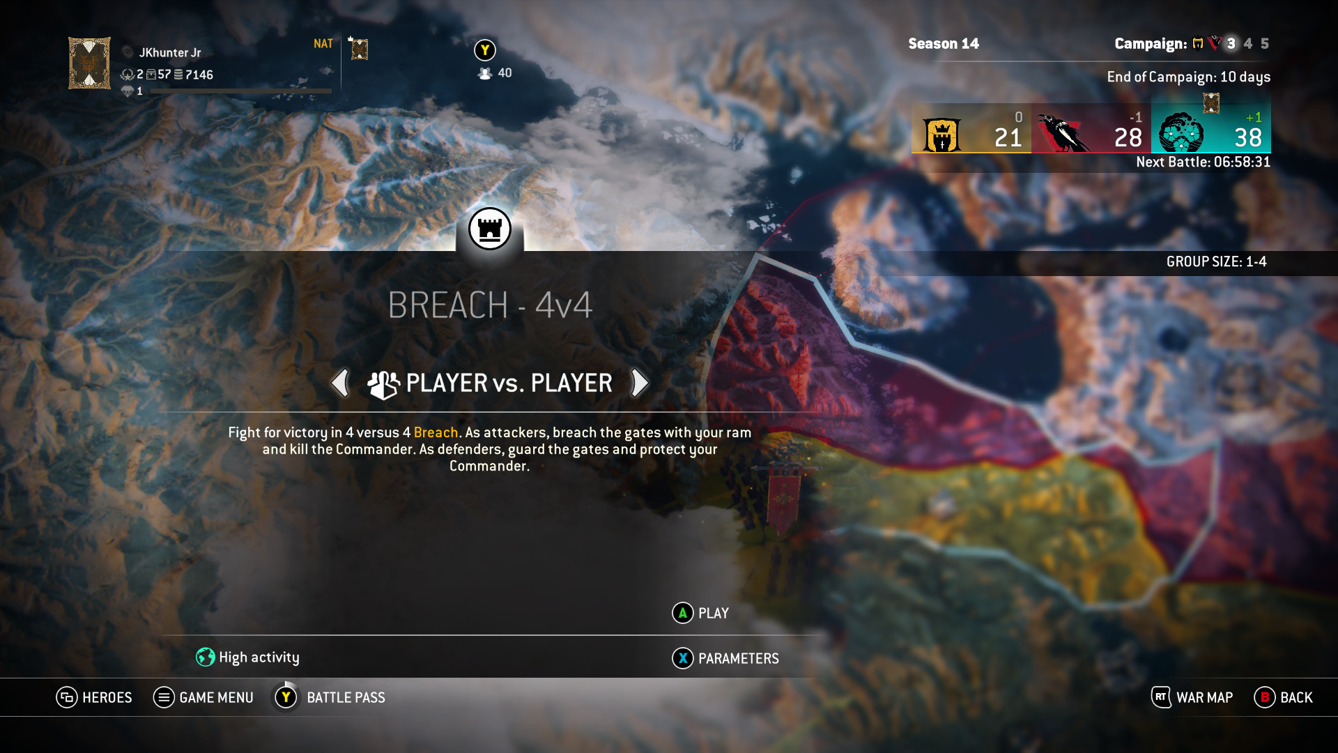 An in-game screenshot from For Honor displaying the playlist menu. It displays the 4v4 player-versus-player mode, called Breach.