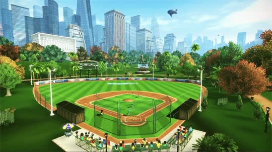 An in-game screenshot from Sports Connection's baseball minigame. A wide shot of the baseball diamond, placed in a lush park surrounded by a dense city skyline.
