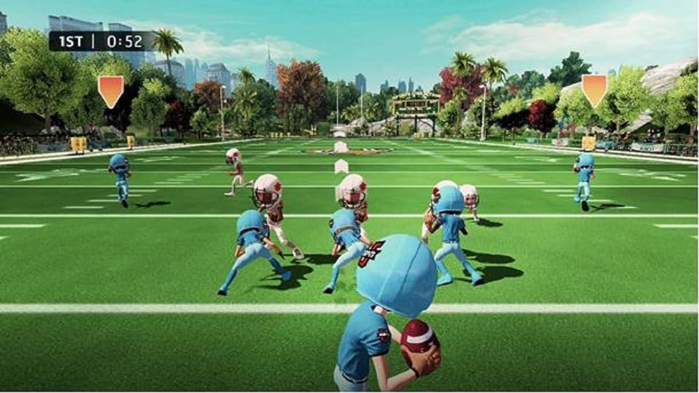 An in-game screenshot from Sports Connection's American football minigame. The quarterback is preparing to throw while defenders approach.